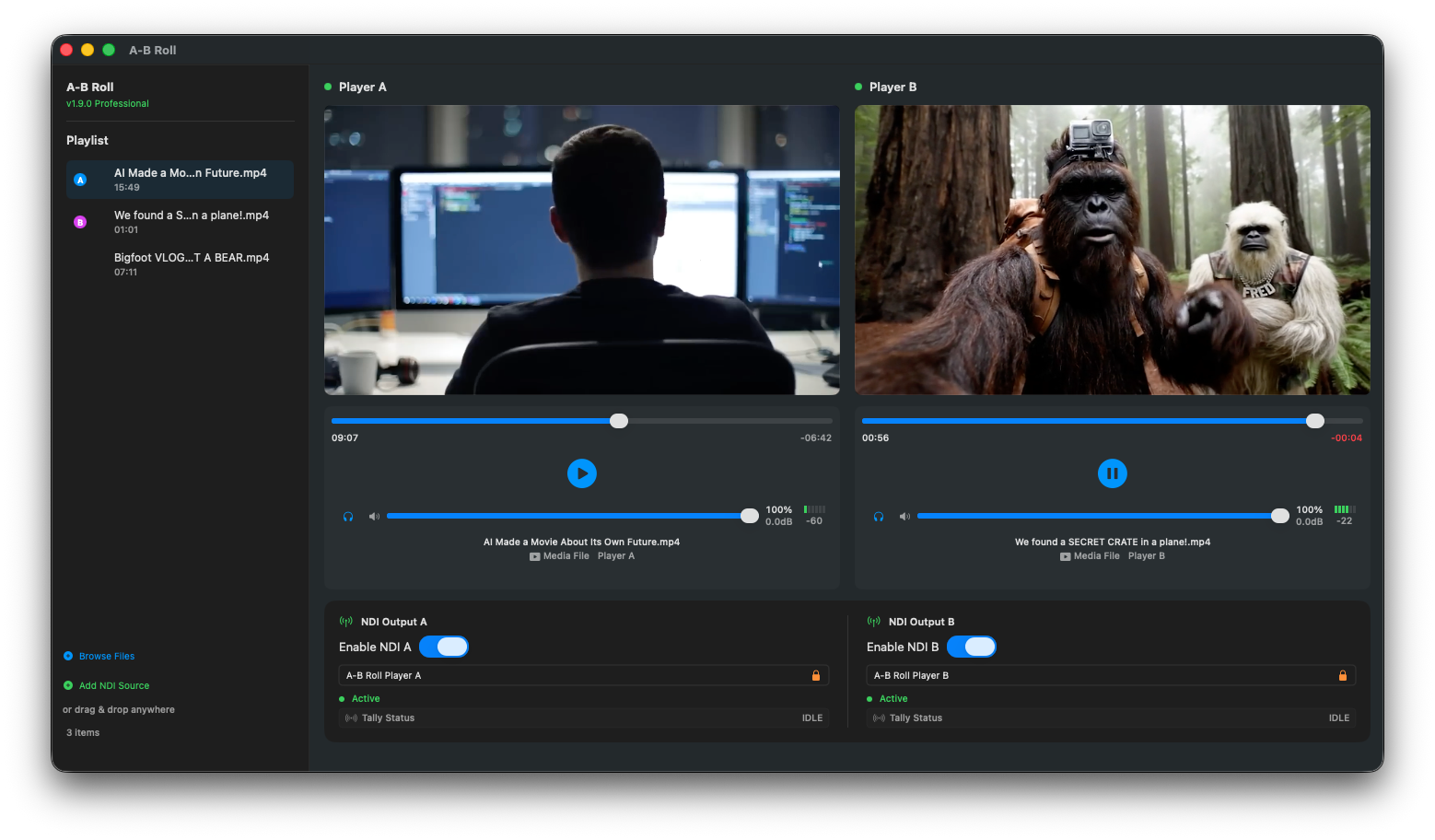 A-B Roll showing Player A, Player B, playlist, audio controls, and NDI output controls.